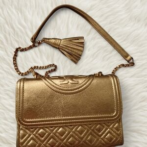 Tory Burch Small Fleming Metallic Gold Leather Convertible Shoulder Bag